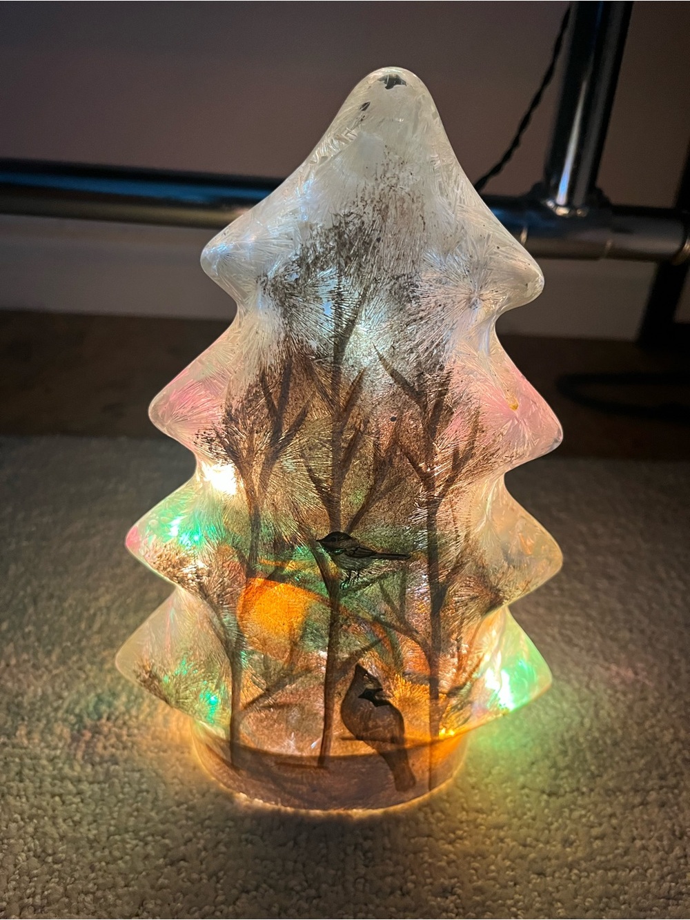 Pre-Lit Frosted Glass Painted Winter Trees & Birds Scene Tabletop Christmas Tree